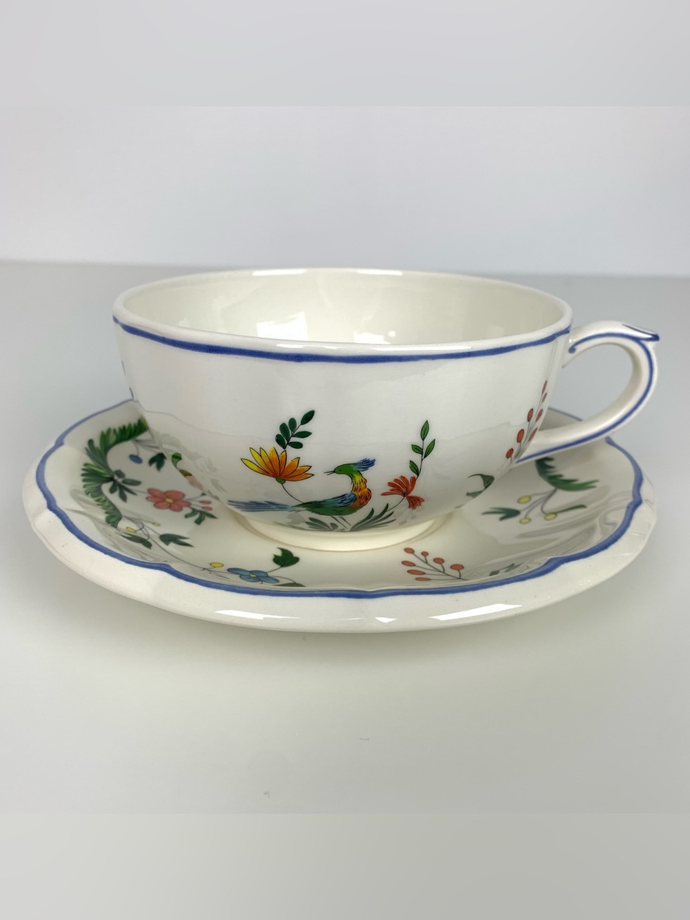 Gien Oiseaux De Paradis Coffee Tea Cup Saucer France Bird Floral Flowers Vtg